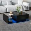 Hochglanz Schwarzer Couchtisch 100x50x32cm, mit Glasplatte und Schubladen, Kratzfest, mit 1 Schublade, LED-Licht, Modern