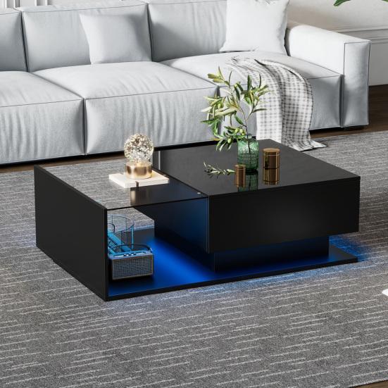 Hochglanz Schwarzer Couchtisch 100x50x32cm, mit Glasplatte und Schubladen, Kratzfest, mit 1 Schublade, LED-Licht, Modern