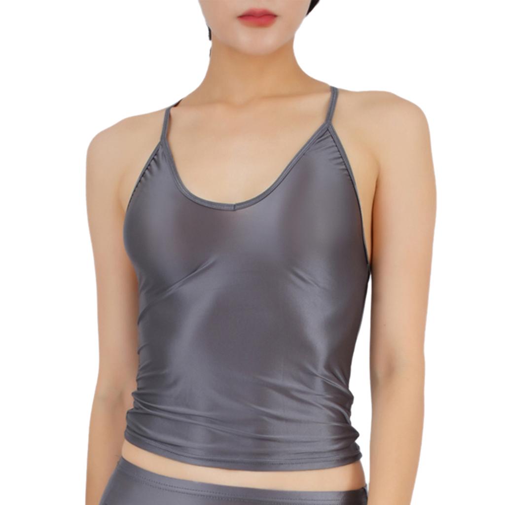 Womens Glossy Stretchy Camisole Scoop Neck Sleeveless Sling Crop Top Vest