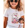 European sizes Cartoon Pattern T-Shirt for Girls Featuring a Cute Design with a Bow-Tied Bunny, Milk Tea, Strawberry Ice Cream, Hearts, And Stars.
