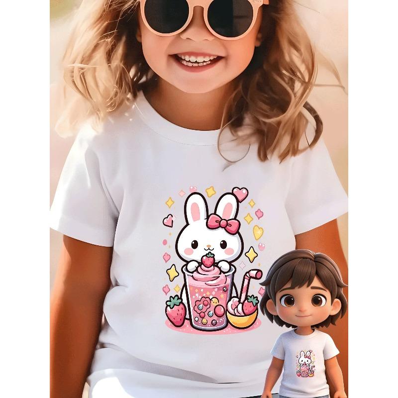 European sizes Cartoon Pattern T-Shirt for Girls Featuring a Cute Design with a Bow-Tied Bunny, Milk Tea, Strawberry Ice Cream, Hearts, And Stars.
