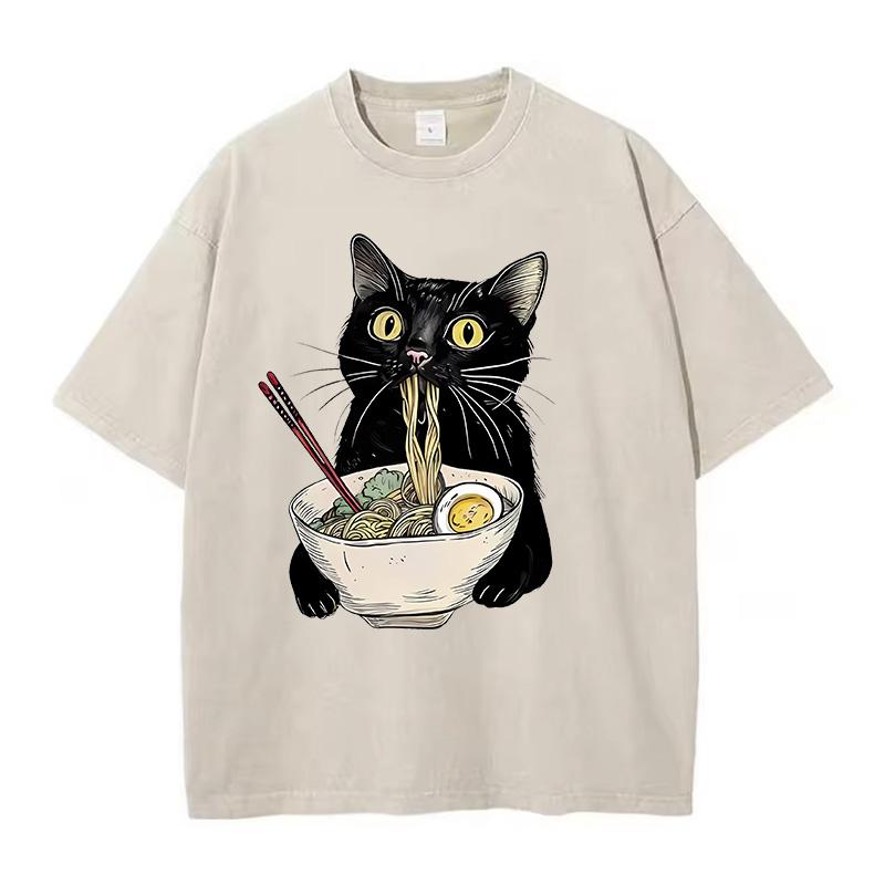 

Unisex Hip Hop T Shirt Vintage Washed 100% Cotton T-Shirt Black Retro Cat Eating Ramen Graphic Tee Casual Streetwear 3XL