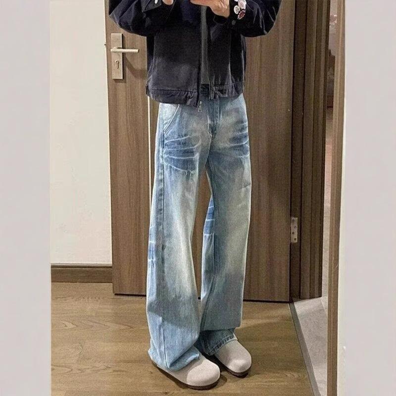 Washed Blue Straight Jeans Men's Spring and Autumn American High Street Vibe Pants Cleanfit Scimitar Slightly Pulled Trousers