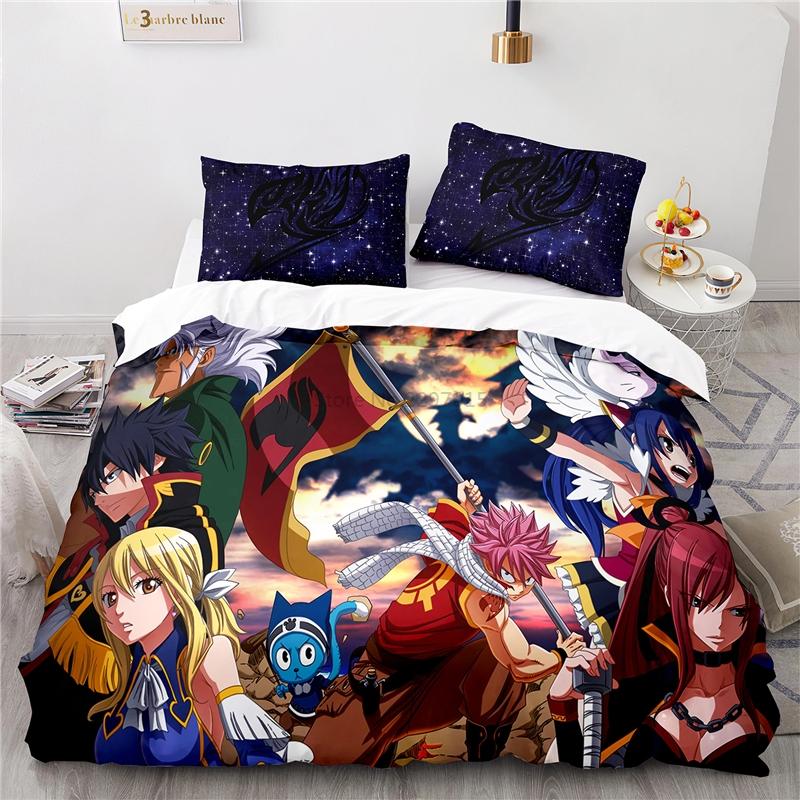 Popularne Anime Fairy Tail Zestaw Pościeli z Nadrukiem 3D Lucy Gray Fullbuster Etherious Nadrukowany Zestaw Poszwy na Kołdrę z Poszewką na Poduszkę