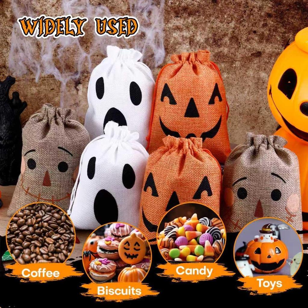 Halloween Burlap Drawstring Pouches Party Favour Candy Gift Bags 13x18cm