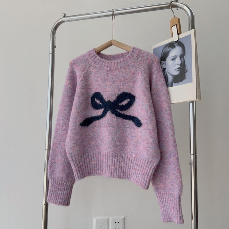 

Bow Round Neck Pullover Inner Wear Sweater Women s Autumn and Winter Small Soft Glutinous Base Knit One Size фиолетовый