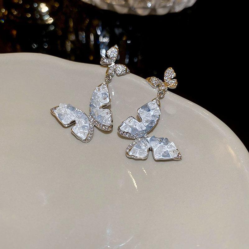 Silver Needle Butterfly Heart Earrings with Blue Gradient Drip - Elegant Autumn/Winter Studs