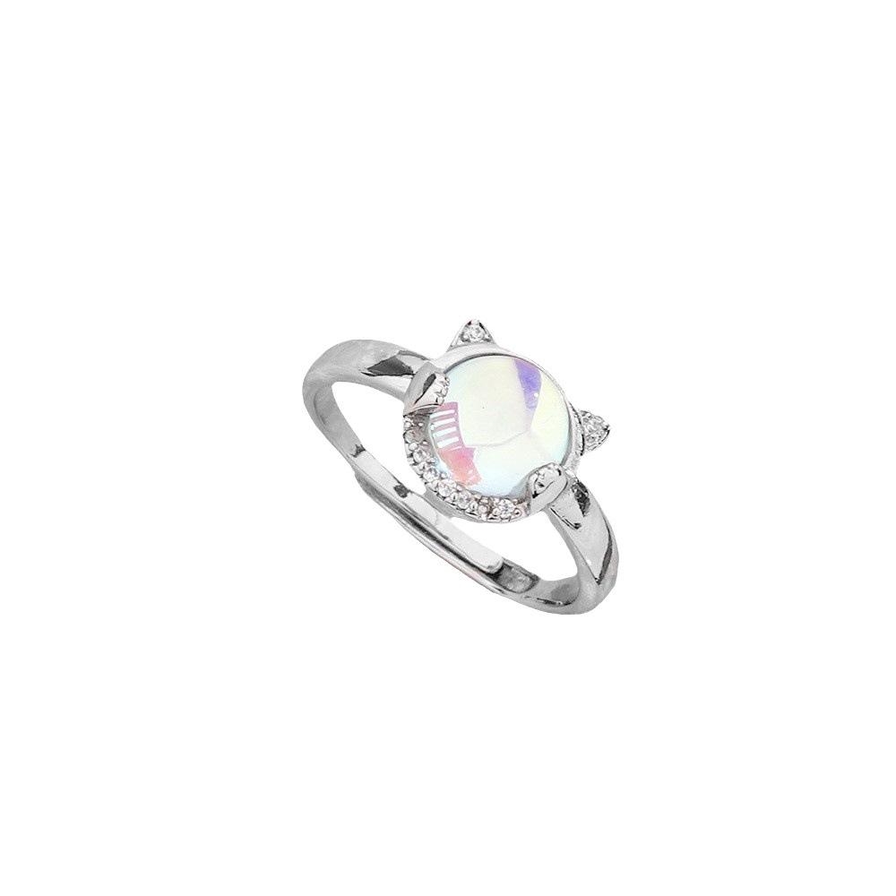 Elegant And Simple Copper Cat Ring With Rainbow Moonstone Fashionable Accessory Hand