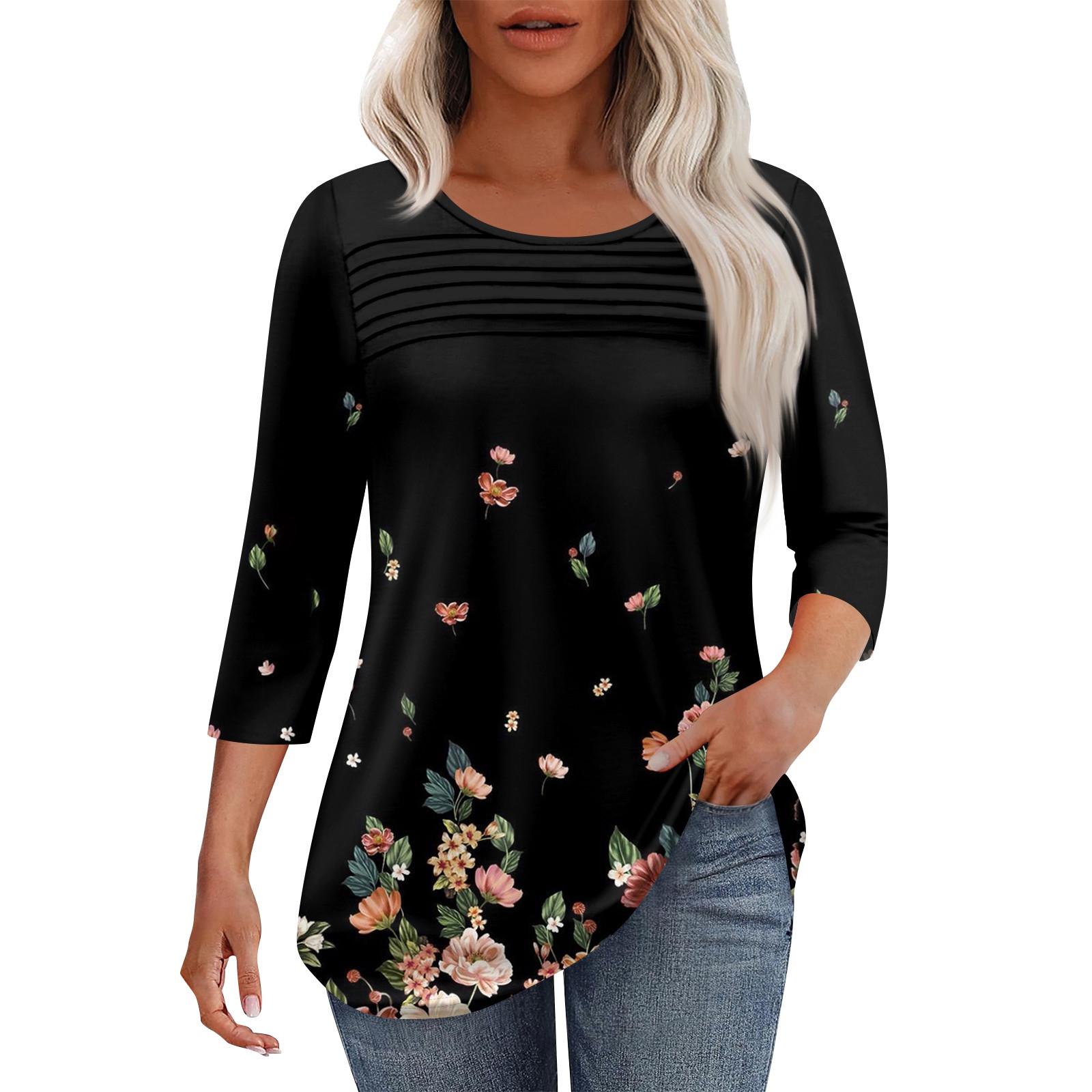 

Женская мода круглый вырез шея плиссированная передняя планка с принтом рукав 3/4 топ L чёрный