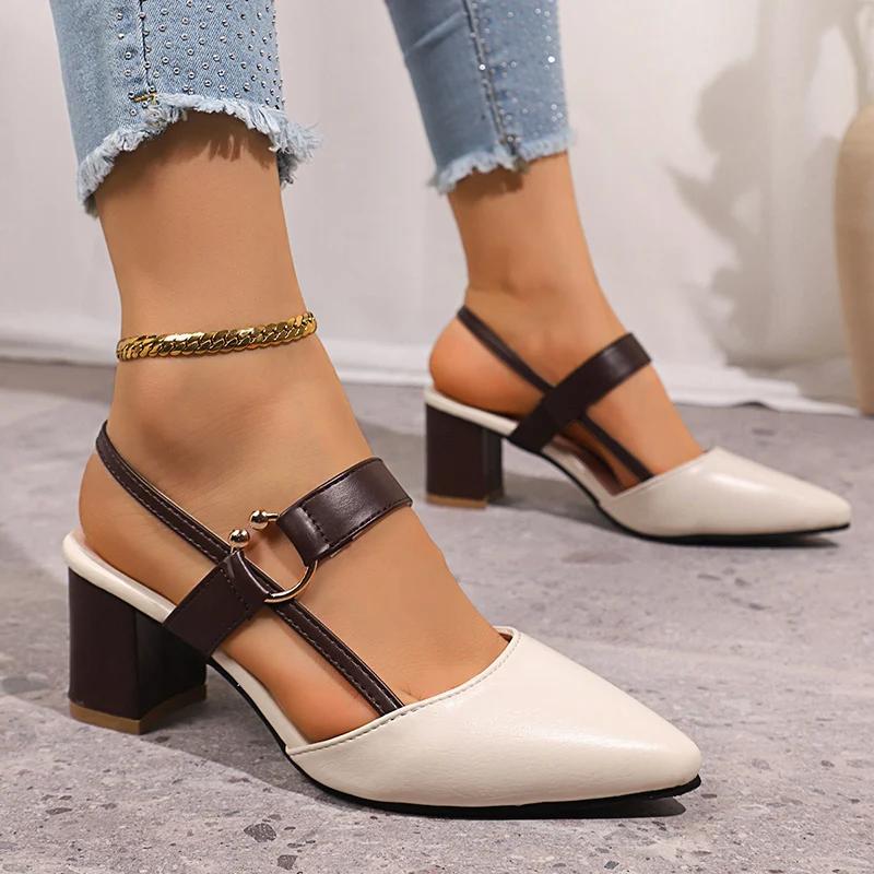 Fashion Elegant Pointed Toe Chunky Heel Sandals Women Summer Slingback High Heels Pumps Woman Fashion Thick Heeled Party Dress Sandalias