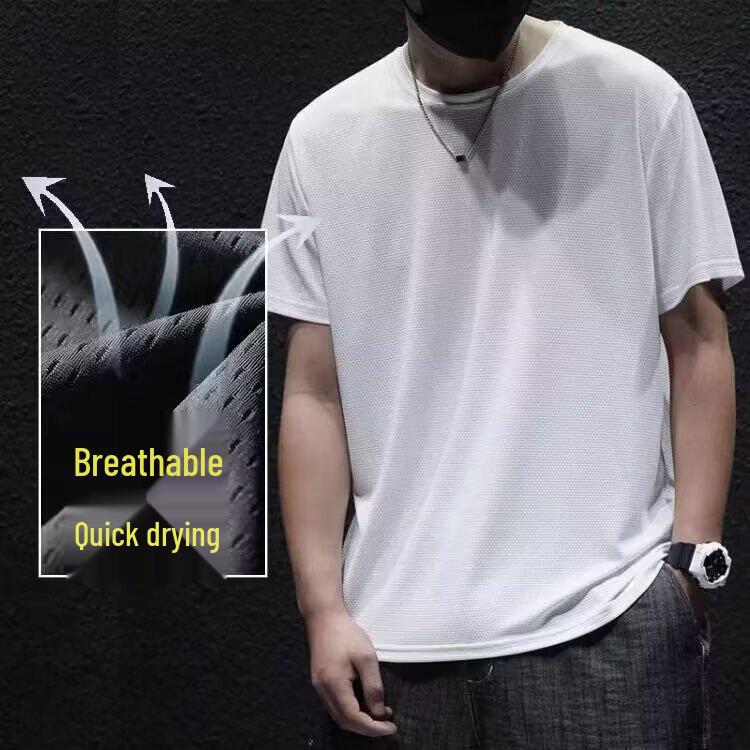 Men's Summer Ice Silk Mesh Short-Sleeve T-shirt: Super Thin, Breathable, Quick-Dry, Solid Color with Hollow Design.