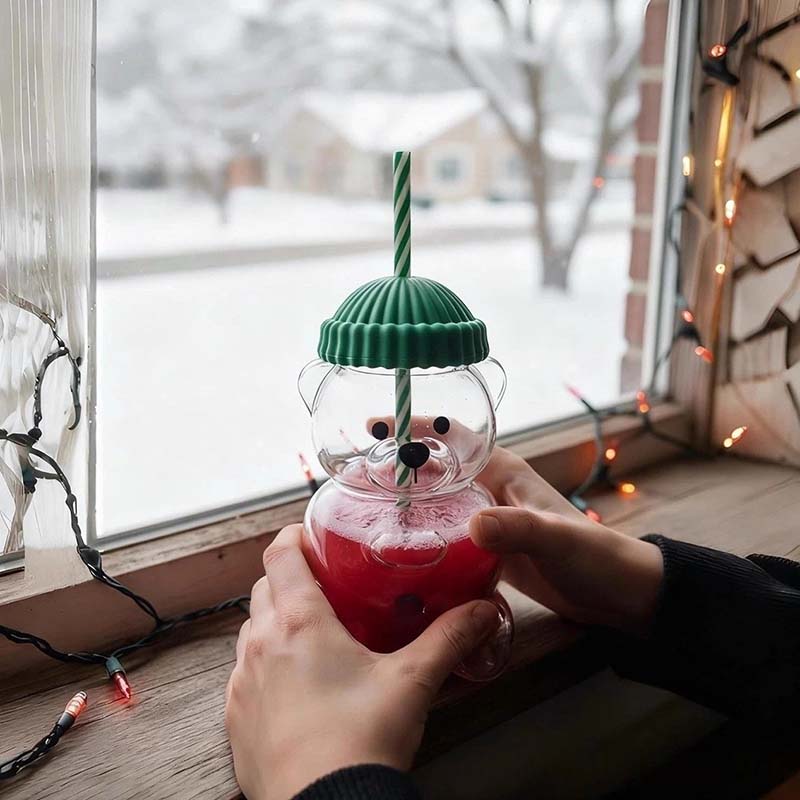 550ML Creative Bear Shaped Glasses With Straw & Lids Clear Glass Coffee Mugs Plastic Milk Drink Water Cups For Christmas Gifts