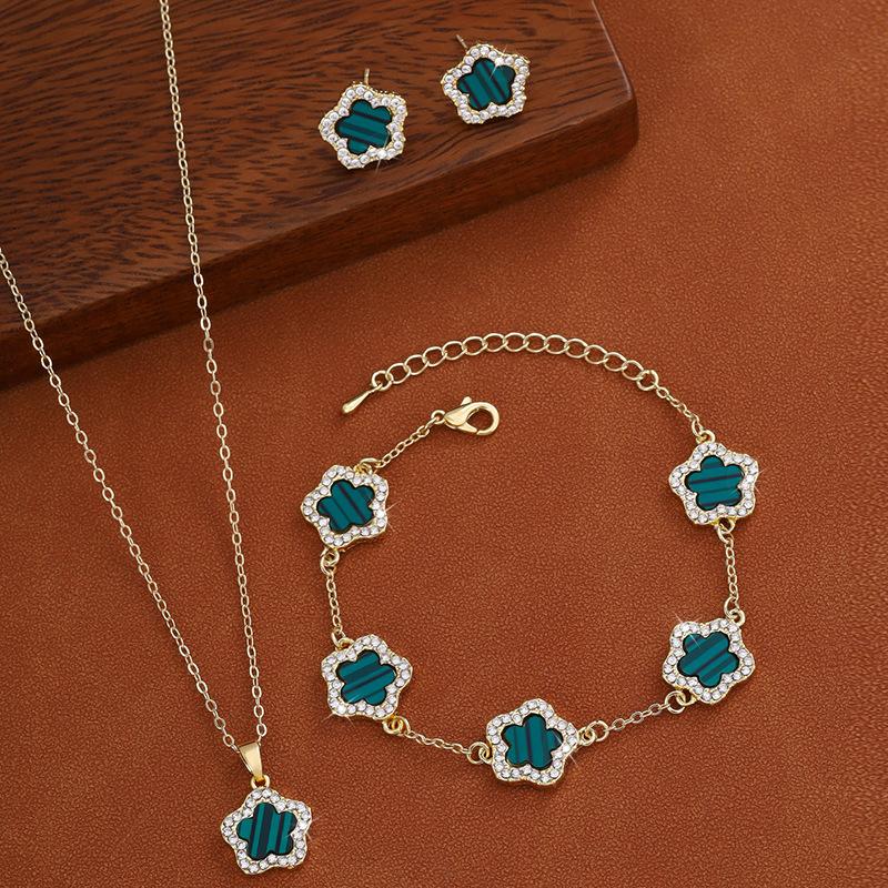 Diamond Studded Five Petal Flower Earring Necklace Complete Set of Jewelry Versatile and Fashionable Five Leaf Flower