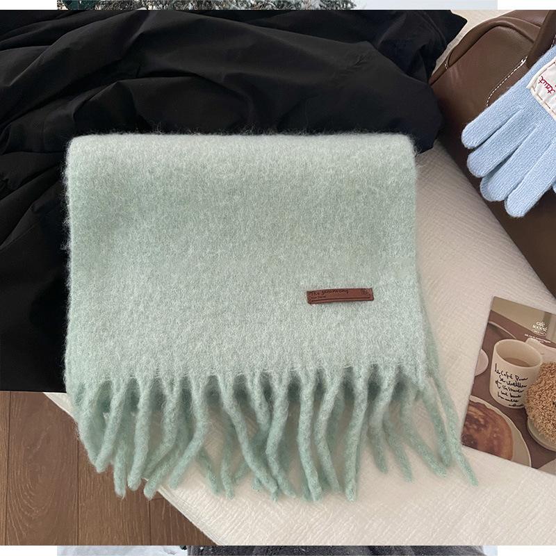 Wool Blended Solid Color Scarf Ice Blue Women's 24 Winter Atmosphere Warm Fringed Scarf