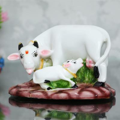 Colorful Cow and Calf Statue Polyresin Statue (12.5 Cm X 7.5 Cm X 7.5 Cm, White and Green)