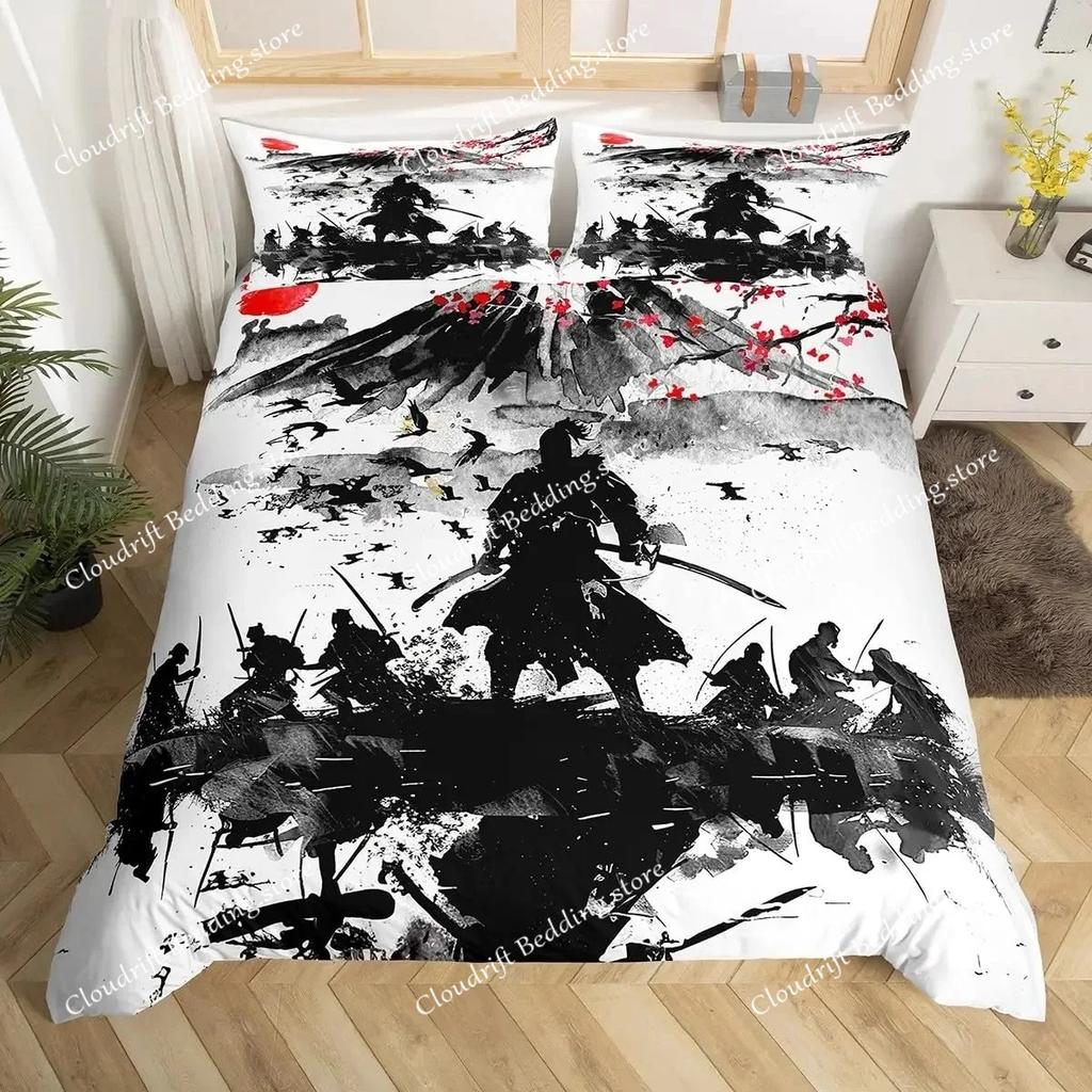 Fashion Japanese Samurai Bedding Set Full Size Cherry Blossoms Duvet Cover Red Sun Hokusai Comforter Fuji Mountain Quilt Cover
