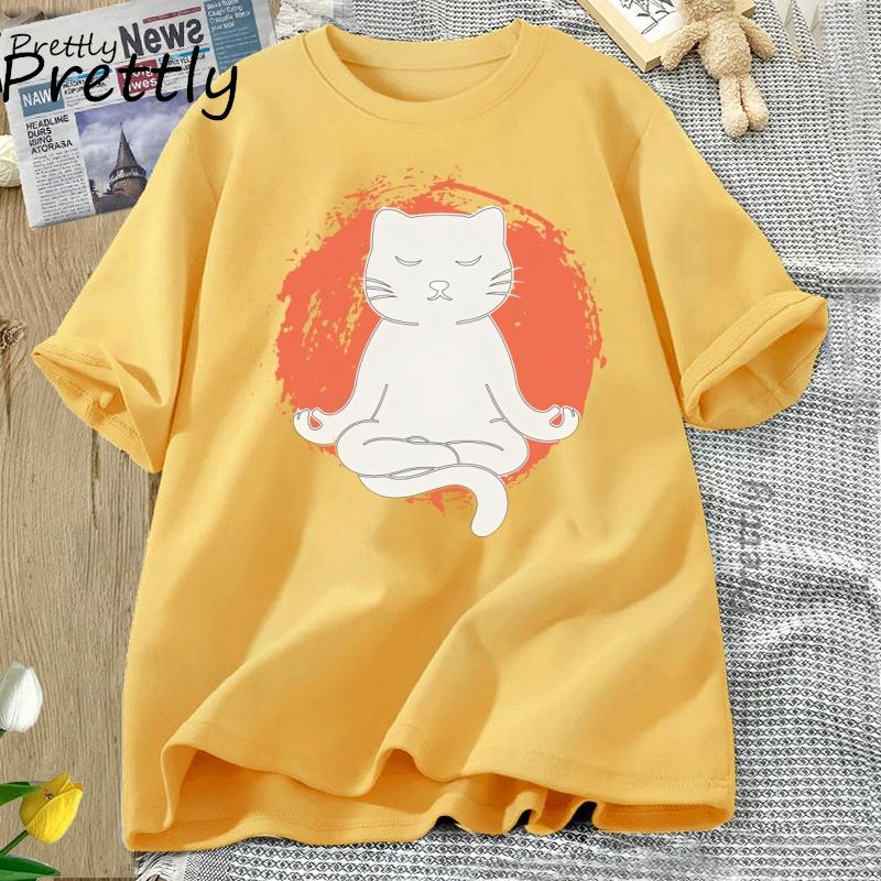 Yoga T Shirt Funny Cat Yoga TShirt Women Cotton Round Neck Short Sleeve Tshirt Casual Loose Graphic T Shirts Women Clothing