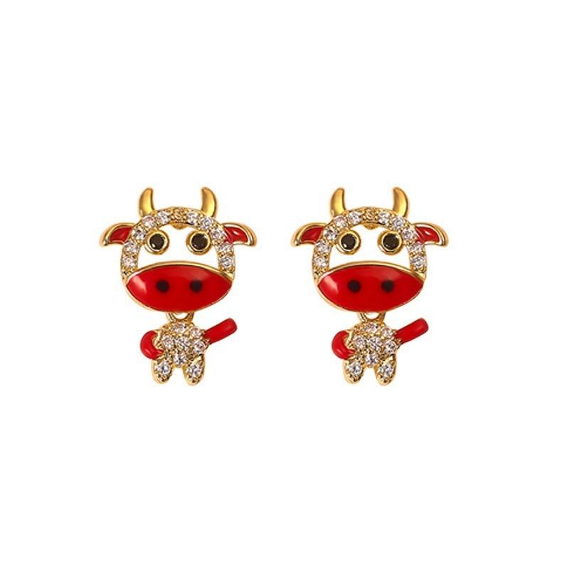New trendy 111 silver needle zodiac cute cow stud earrings, retro cute earrings, red festive small and exquisite earrings