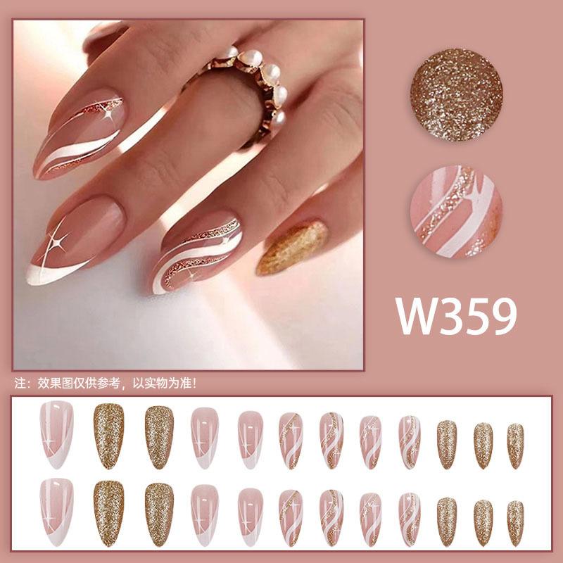 24 Pieces  Almond Nail with French Corrugated Glitter Pattern, Sweet and Fashionable, White Fake Nails Wear Armor