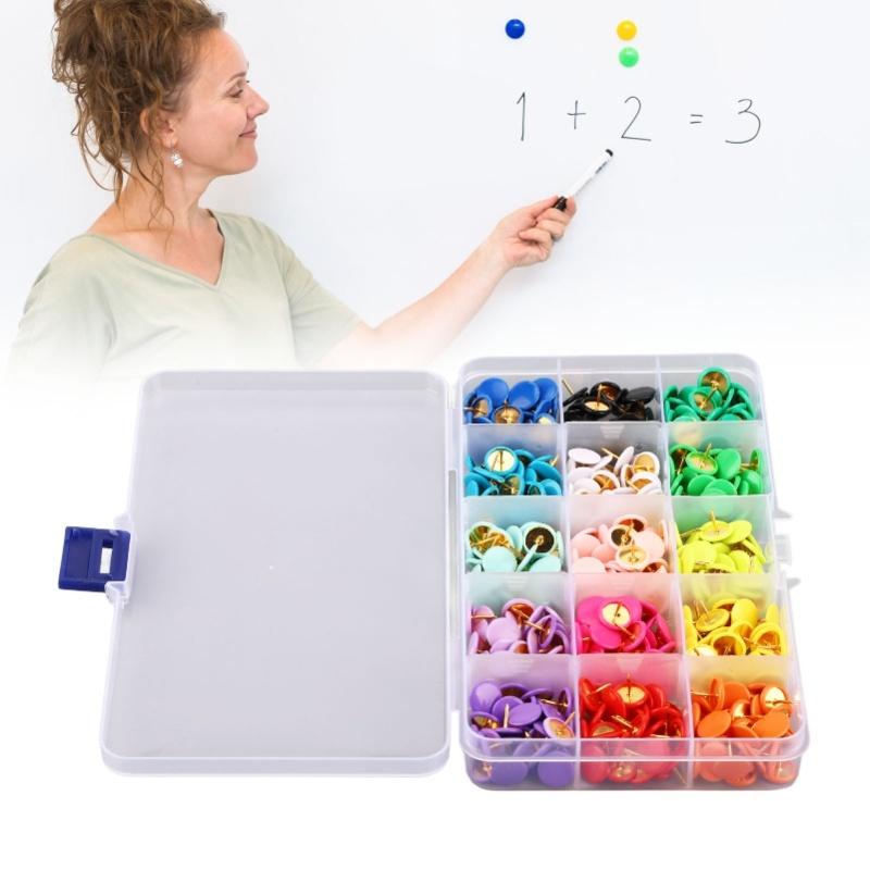 1 Box Thumb Tacks 15 Colors Colored Rubberized Flat Head Painting Decorative Tacks Push Pins With Clear Box For Corkboard