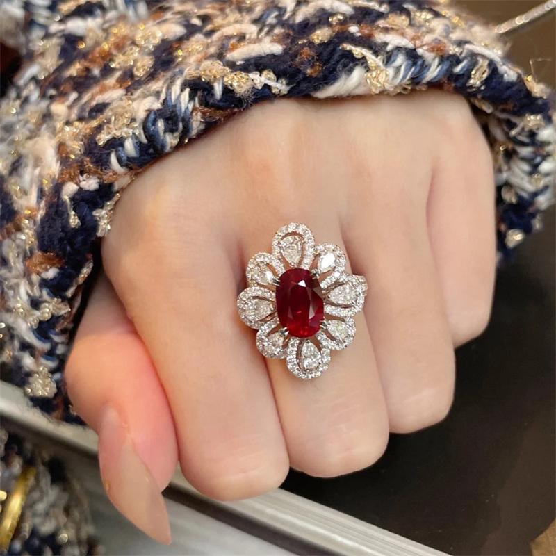 

Bright Colored Treasure High-End Sense Light Luxury Flower Ring Women S Opening Ruby Ring Niche Design Versatile Temperament Adjustable opening