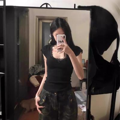 Pure Desire Lace Clavicle Square Collar Short-sleeved T-shirt for Women Summer Sweet Hottie Bow Ballet Style Tight Top