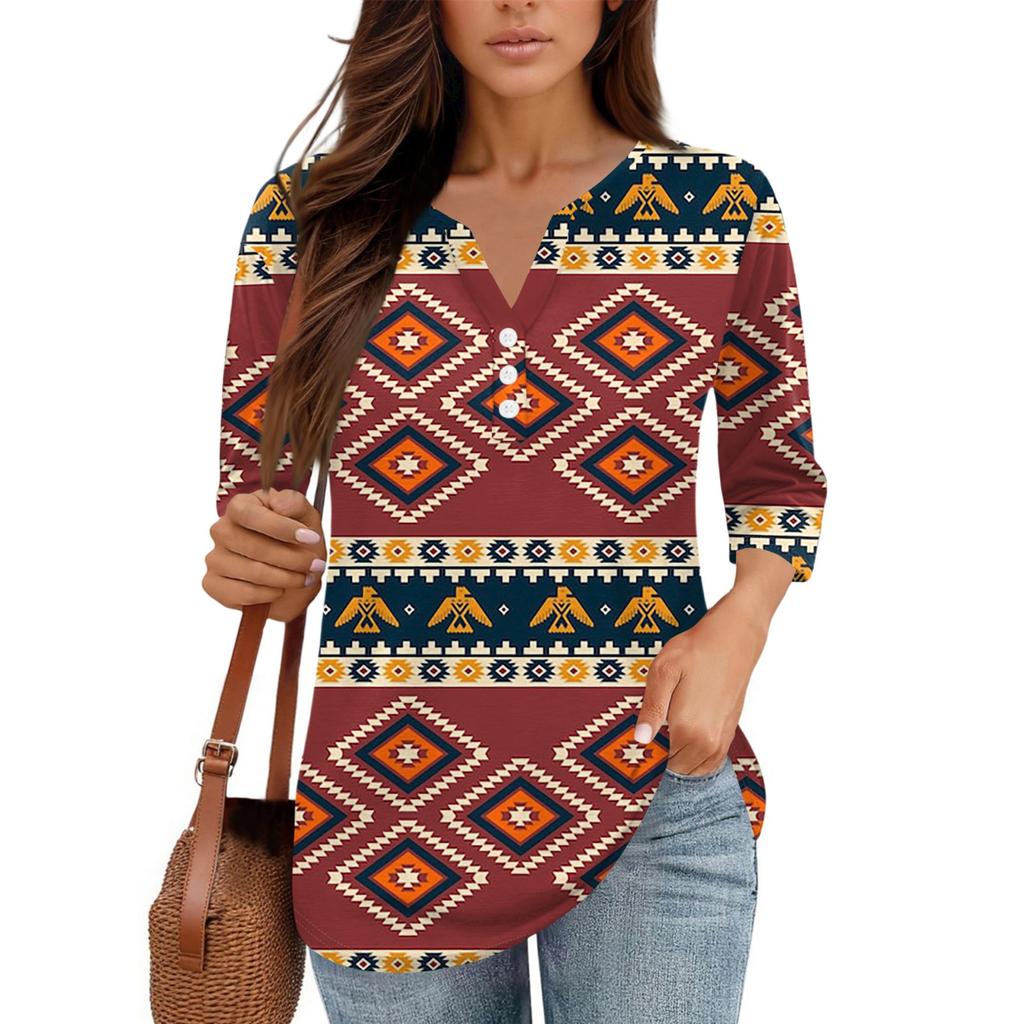 Damen V-Ausschnitt Freizeit Dreiviertelarm Knopf-Detail Top mit Blumenmuster