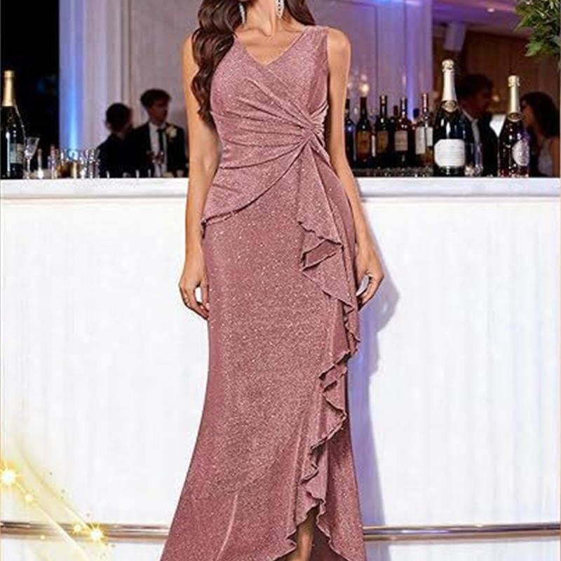 New women's sexy V-neck dress sequined split evening dress dress