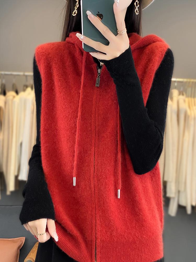 2025 A/W Hooded Wool Knit Vest - Zippered Sleeveless Sweater Coat