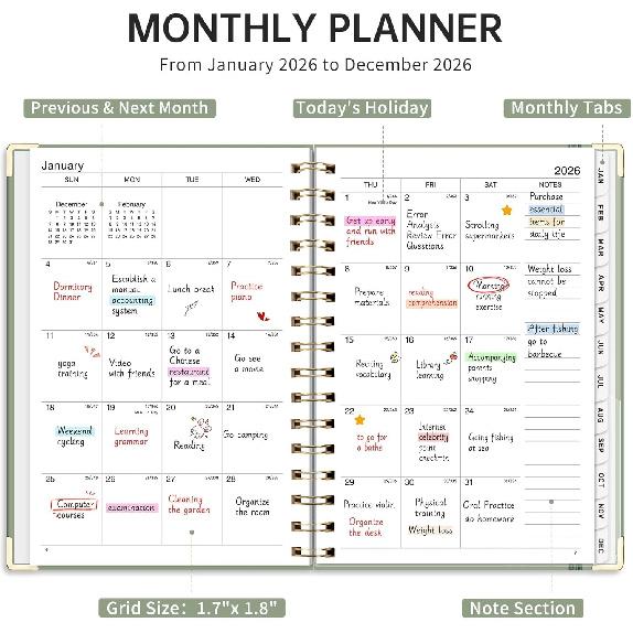 2026 Planner, Weekly and Monthly, A5 Size (5.7" x 8.3"), Jan 2026 - Dec 2026, Calendar, To-do List, Agenda, 12-Month Tabs, Hardcover, 100 GSM Thick