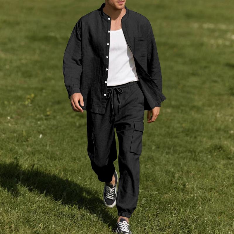 

Мужская повседневная льняная рубашка с длинным рукавом и воротником-стойкой, с брюками-карго, костюм для весны и осени XS чёрный