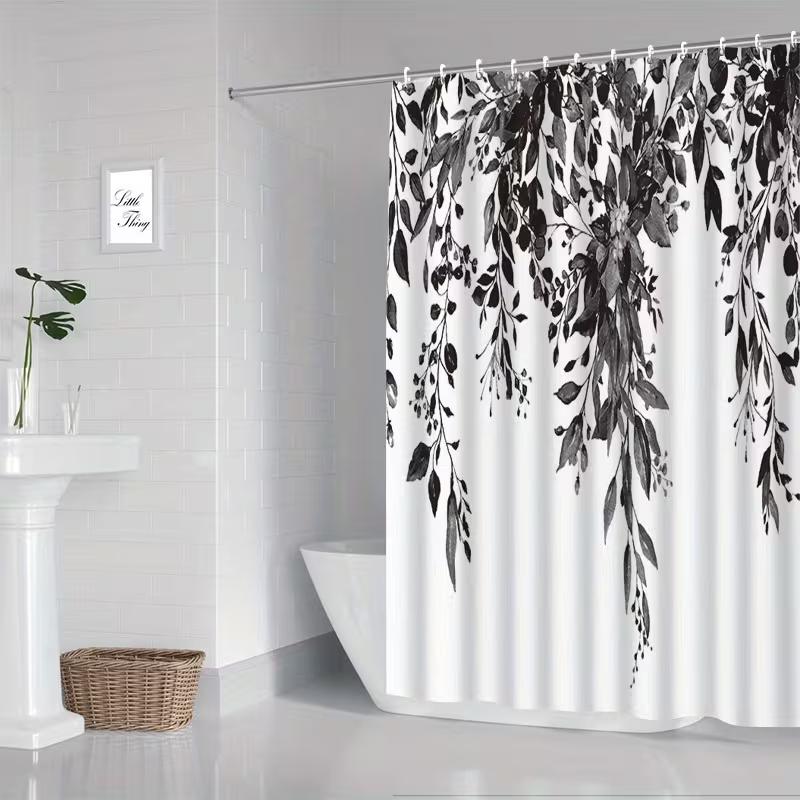 VIKAMA Nordic-Style Black-and-White Botanical Print Shower Curtain Fresh and Natural Wet/Dry Separation Bathroom Machine Washabl