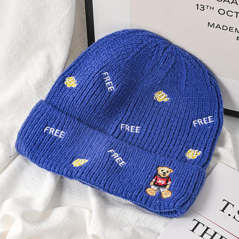 Hat Female Autumn and Winter Wool Hat Versatile Embroidered Letter Knitted Outdoor Riding Warm Cute Bear Pullover Hat