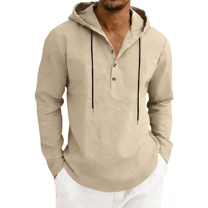 Men’s Casual Linen Hooded Top, Long-sleeved Half-Button-Up Henley Shirt, Spring/Autumn Breathable Beach Top