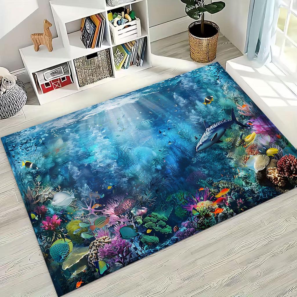 Dream Underwater World Sea Dolphin Turtle Coral Art Rug for Bedroom Living Room Sofa Home Doormat Decor,Kids Non-slip Floor Mat