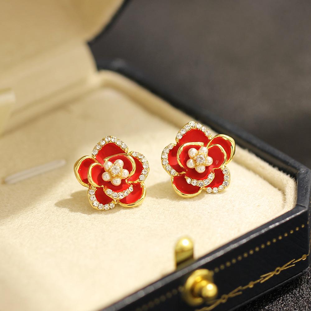 Classic black red oil drop rose stud earrings temperament diamond set imitation pearl flower 925 silver needle earrings women's