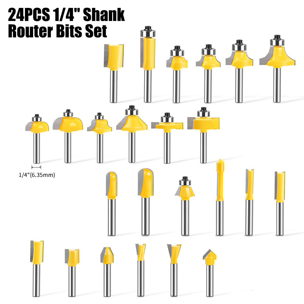 24-Piece Woodworking Milling Cutter 1/4 Handle Trimming Machine Engraving Machine Cutter Head Woodworking Tools Rounded Corner Slotting Trimming