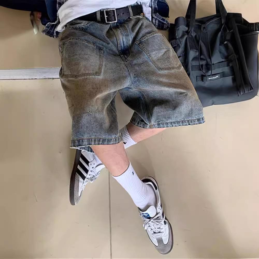 Men's Retro High Street Wasteland-Style Denim Shorts - Summer Loose Fit, Pocket Design, Six-Point Length