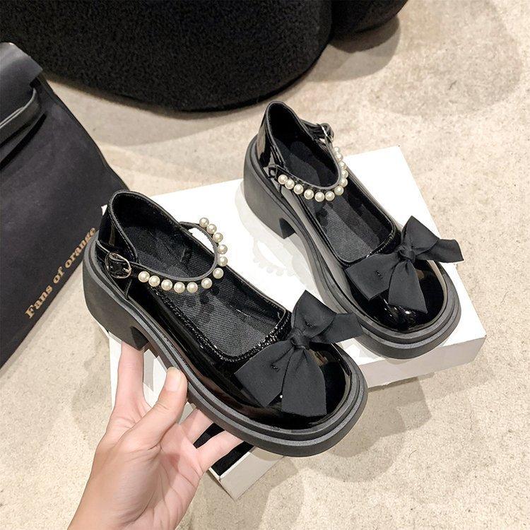 Mary Jane Single Shoes Women's Spring and Summer 2025 New Fashionable Sweet Bow Platform Thick Heel Pearl Small Leather Shoes