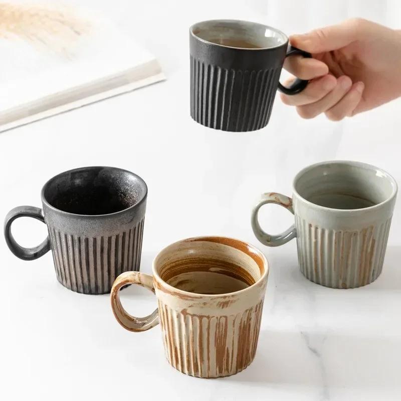 Creative 170ml Retro Ceramic Coffee Cup with Handle Striped Heat-resistant Breakfast Milk Oatmeal Mug Couple Cups Gift Mug