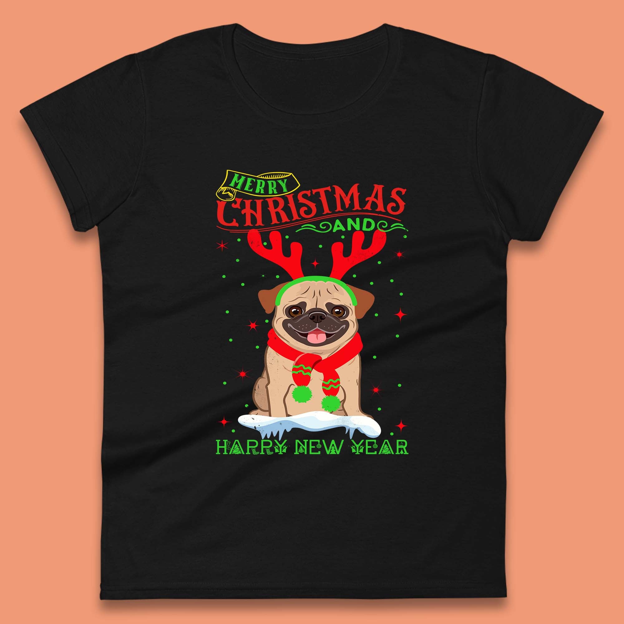 Merry Christmas Pug Dog Womens T Shirt Mens Tops Tees Unisex L