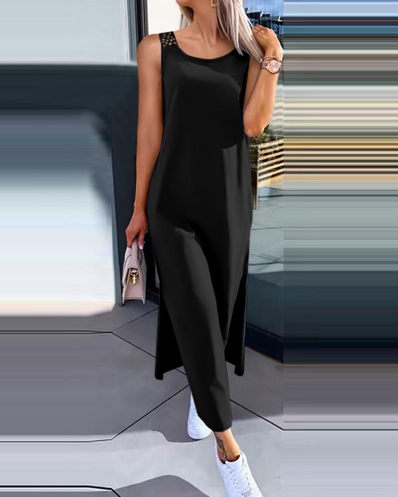 

2026 New Summer Solid Color Lace-Back Sleeveless Dress for Women Extra Large чёрный