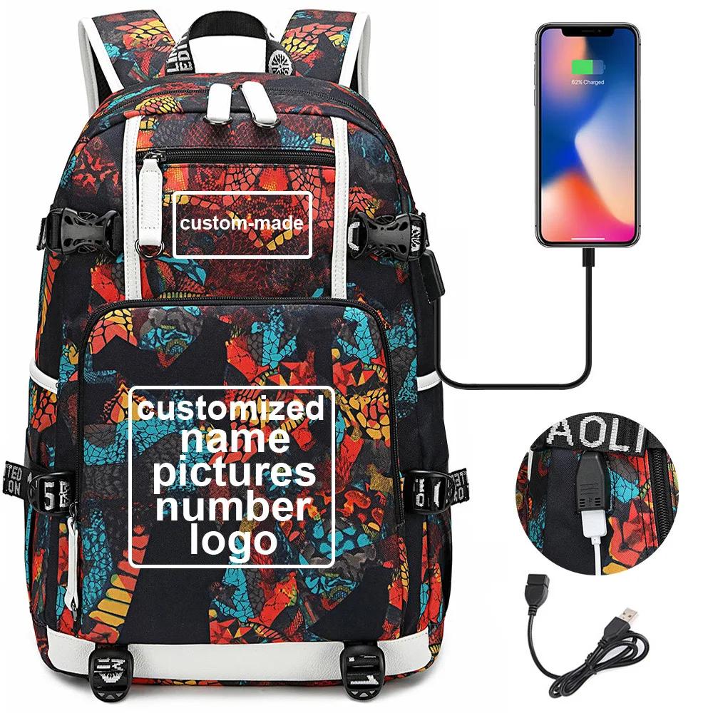Customized Print DIY Your Like Photo or Logo Boy Girls Kids Book Bag Women USB Laptop Backpack Canvas Men Bagpack Big Travel Bag