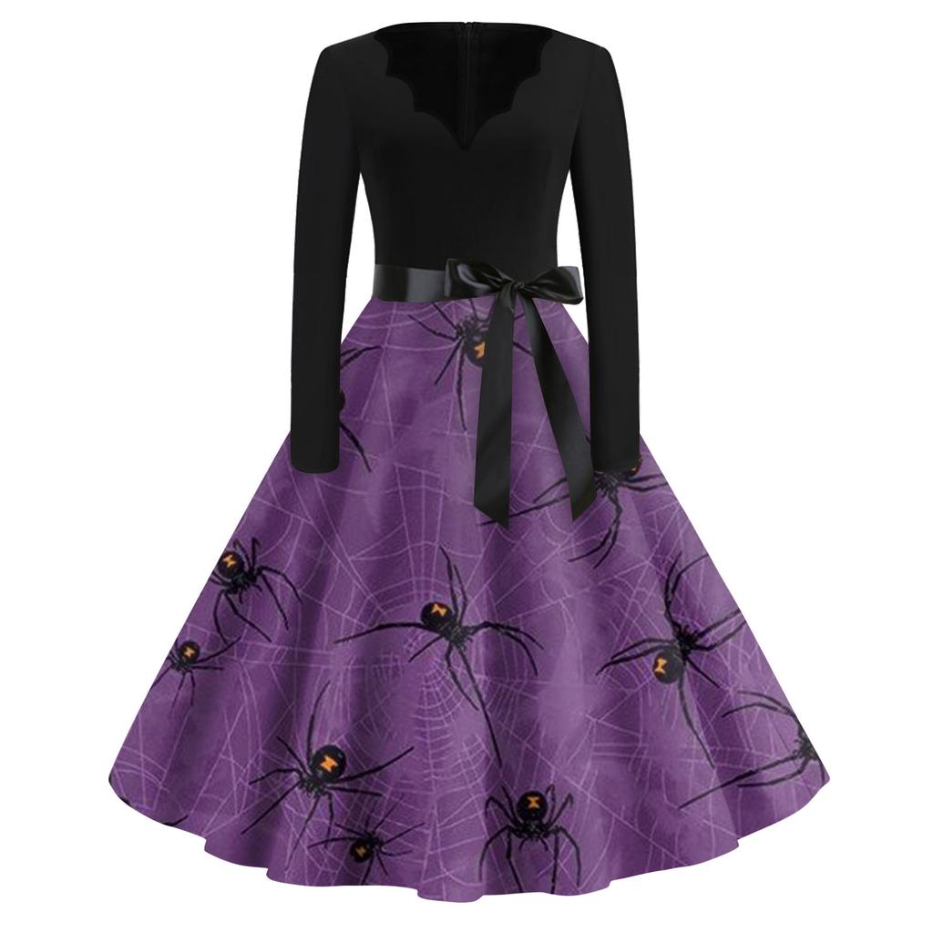 Damenmode V-Ausschnitt Lässig Schlank Halloween Bedruckte Langarmkleider