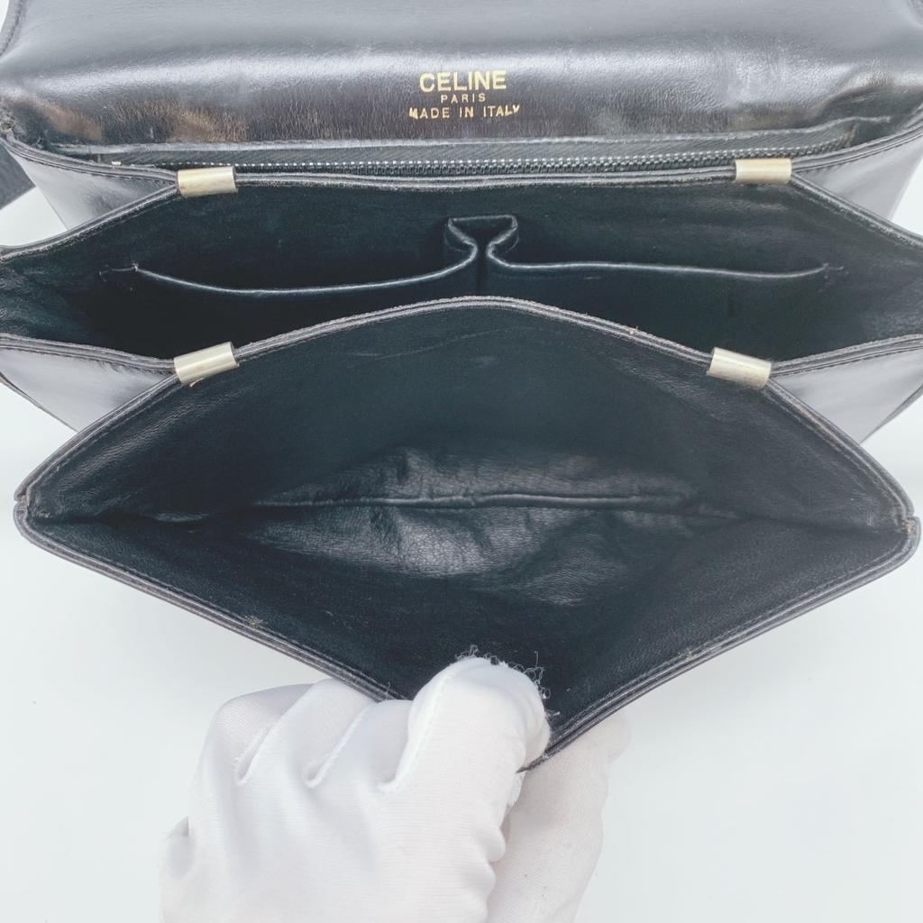 CELINE Vintage Macadam Triomphe Gold Hardware Flap One Semi Shoulder Bag Leather Black Women's Men's Unisex