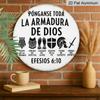2D Flat, 1pc 7.87*7.87 Inch Round Spanish Aluminum Sign, a Vintage Decorative Plaque About "The Armor of God" from Ephesians 6:10. Suitable for