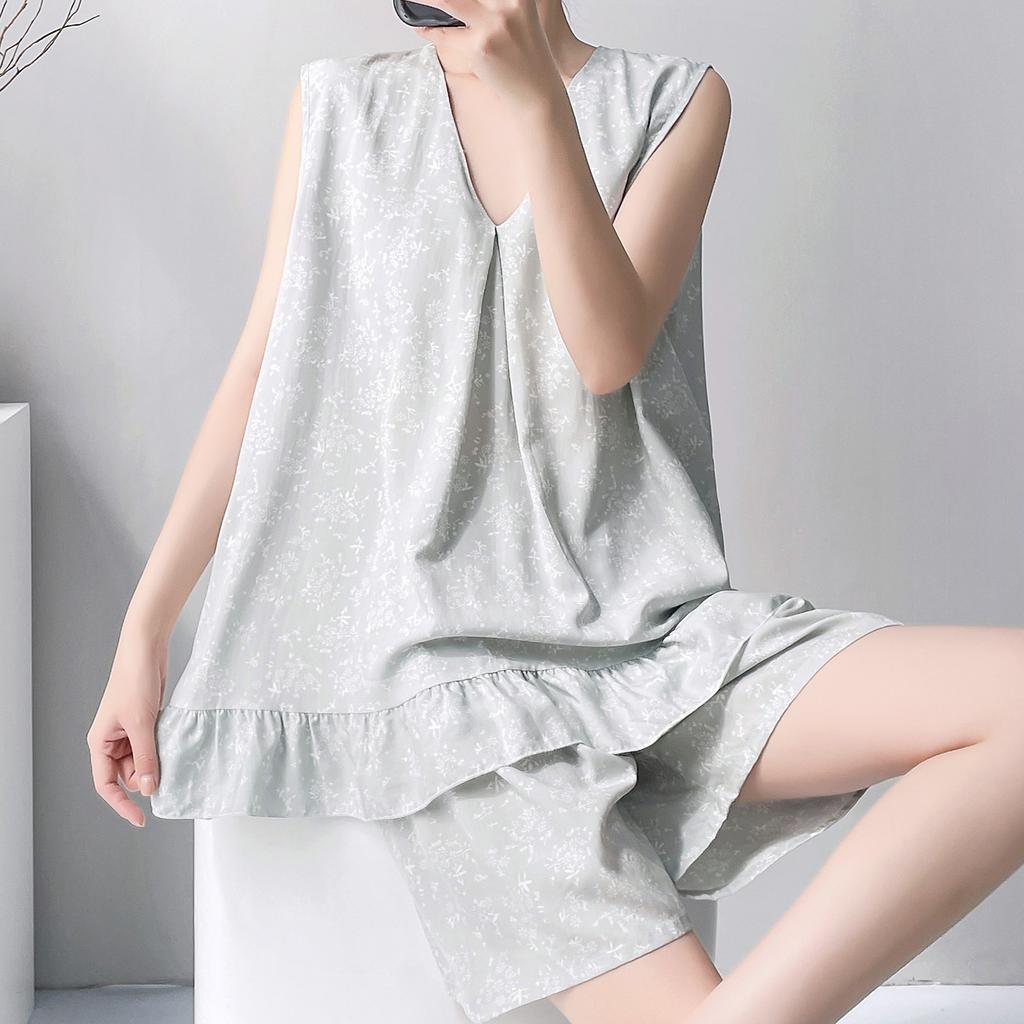 Anti-bumping summer cotton and silk floral sleeveless loungewear set, women's pajamas with chest pads can be worn outside, loose two-piece set