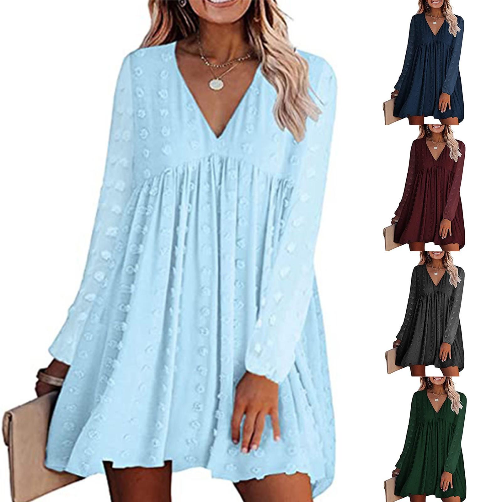 

Женская мода повседневное однотонное жаккардовое платье с высокой талией и v-образным вырезом с длинным рукавом