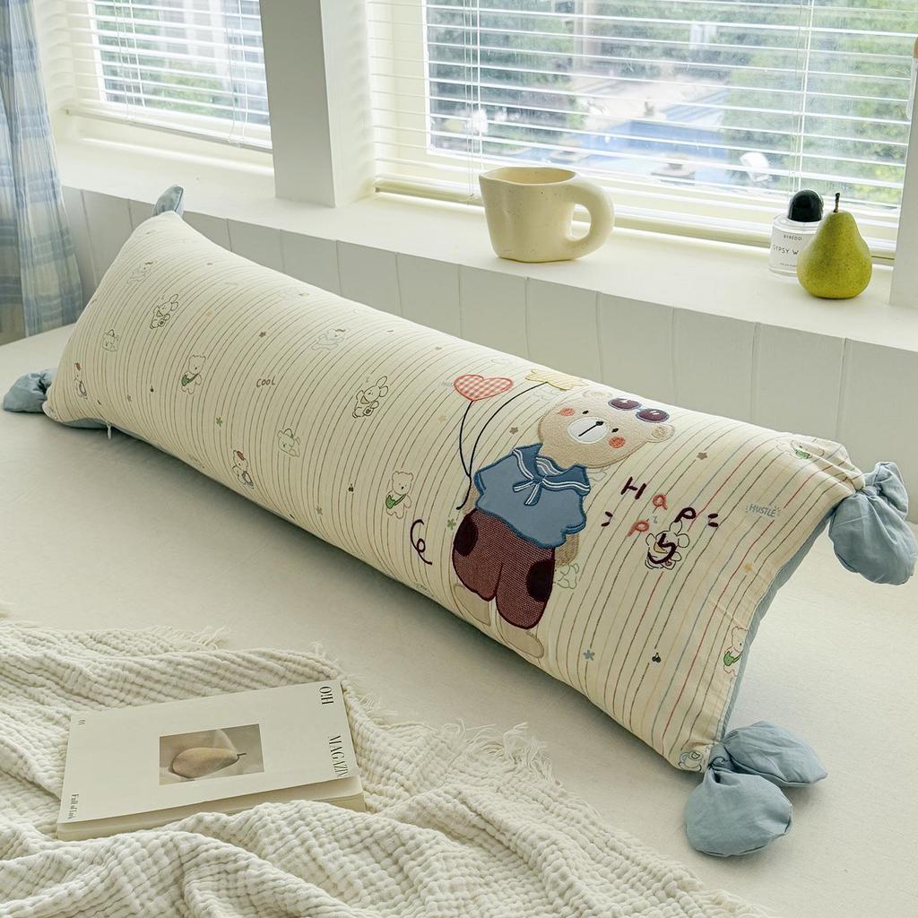 Children's Washable All-Cotton Double-Layer Gauze Long Throw Pillow with Appliqué