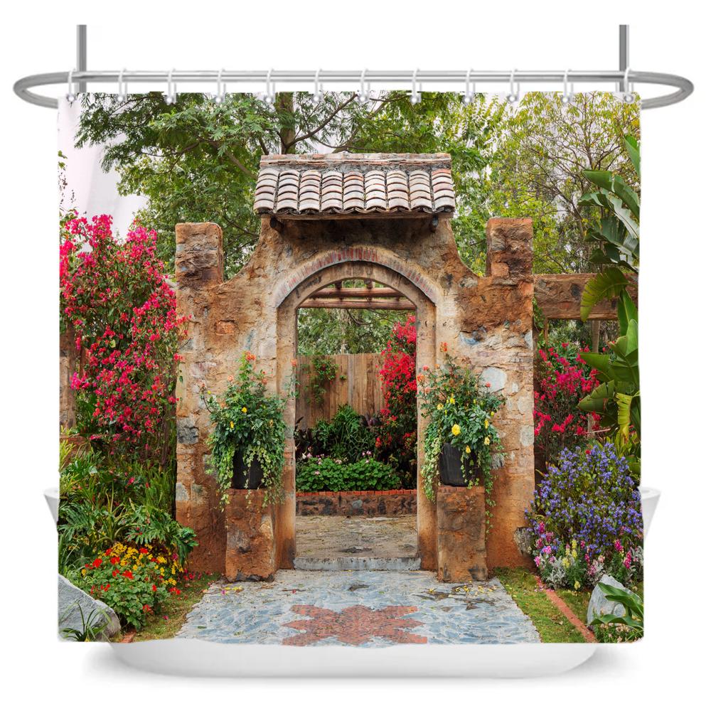 Beautiful Pastoral Garden Scenery Shower Curtain Rose Garden Flower Polyester Waterproof Bathroom Shower Curtain Decor Curtain